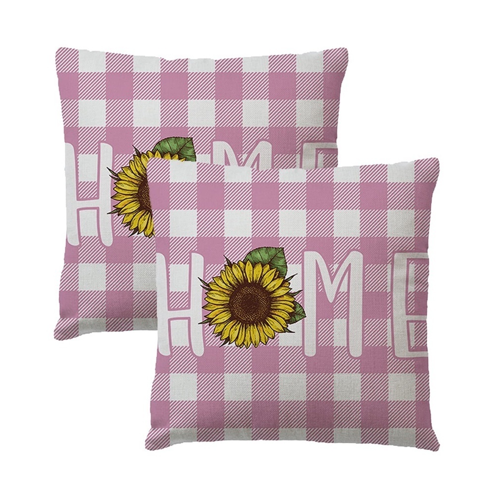 2Pack Farmhouse Decorative Pillow Covers Sunflowers Pink Buffalo Plaids Check